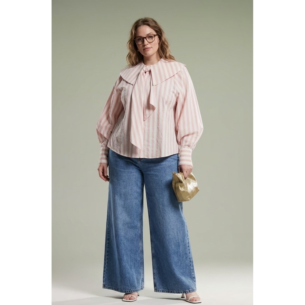 ASOS Design Curve Blouse Womens Plus 22 Pink Striped Oversized Collar EUC Preppy